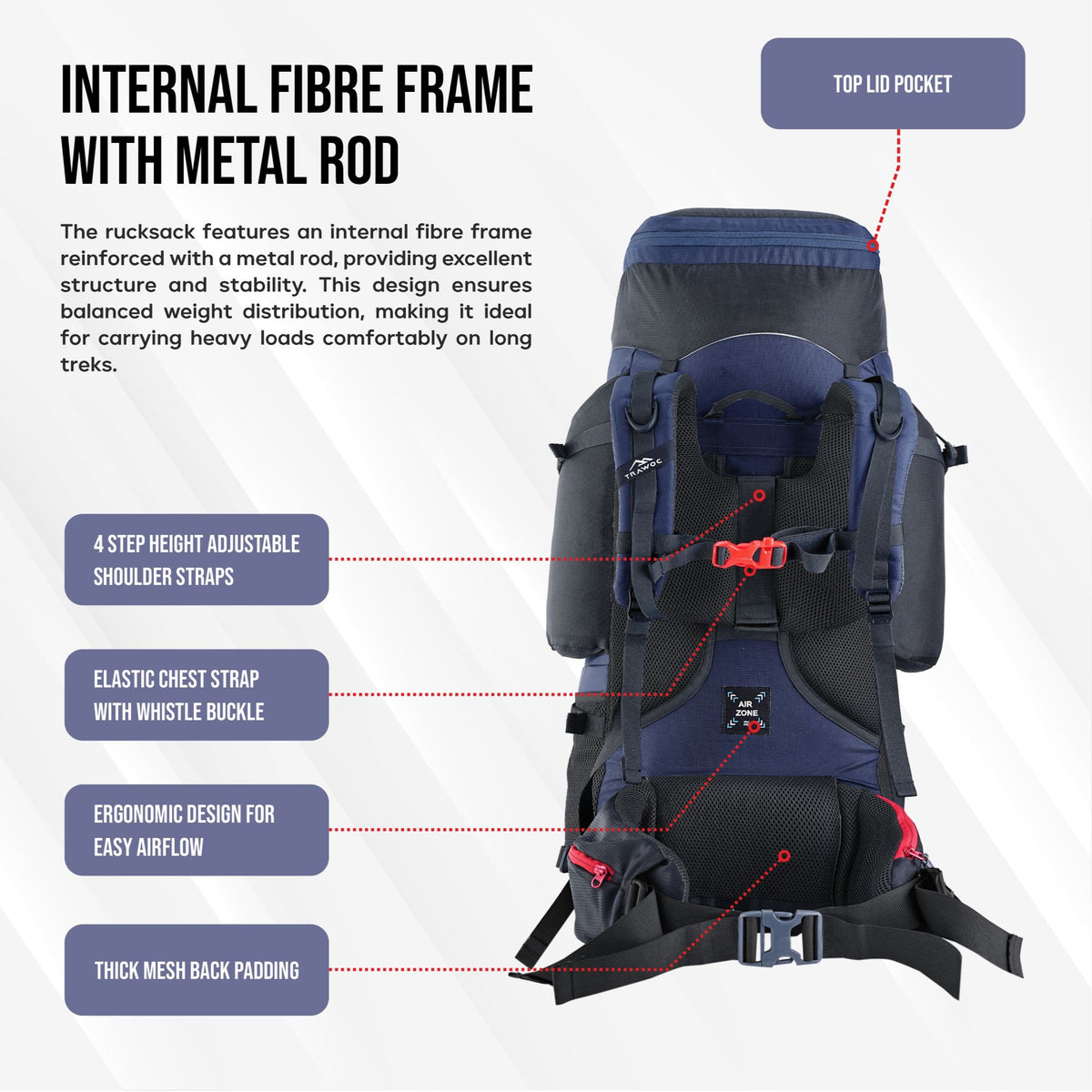 Globetrotter 80 L Trekking Bag with Rain Cover, Shoe section & internal metal frame - Navy Blue