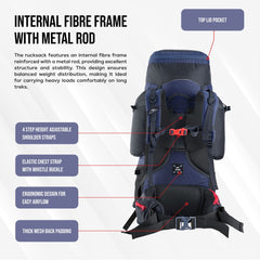 Globetrotter 80 L Trekking Bag with Rain Cover, Shoe section & internal metal frame - Navyblue