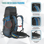 Aerostrike 70L Trekking Bag with Laptop Compartment & Rain Cover, ideal for Hiking - English Blue