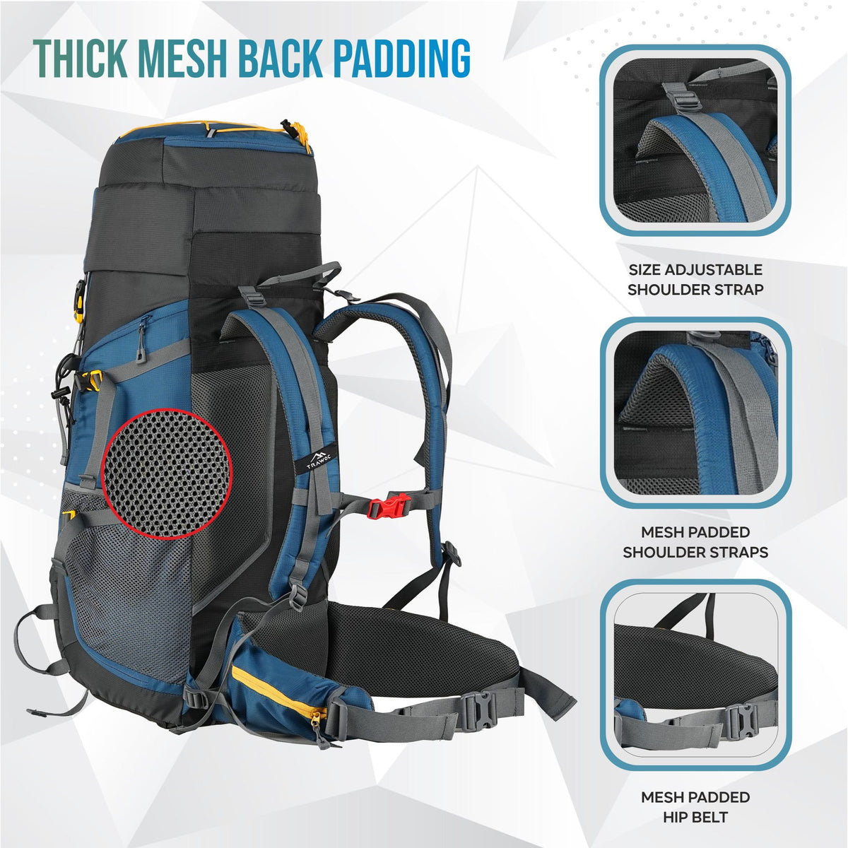 Aerostrike 70L Trekking Bag with Laptop Compartment & Rain Cover, ideal for Hiking - English Blue