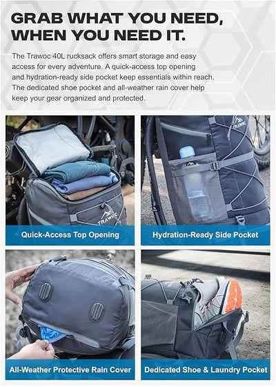 STEALTH 40L Backpack for Men and Women,with Rain Cover & Shoe Compartment - Grey