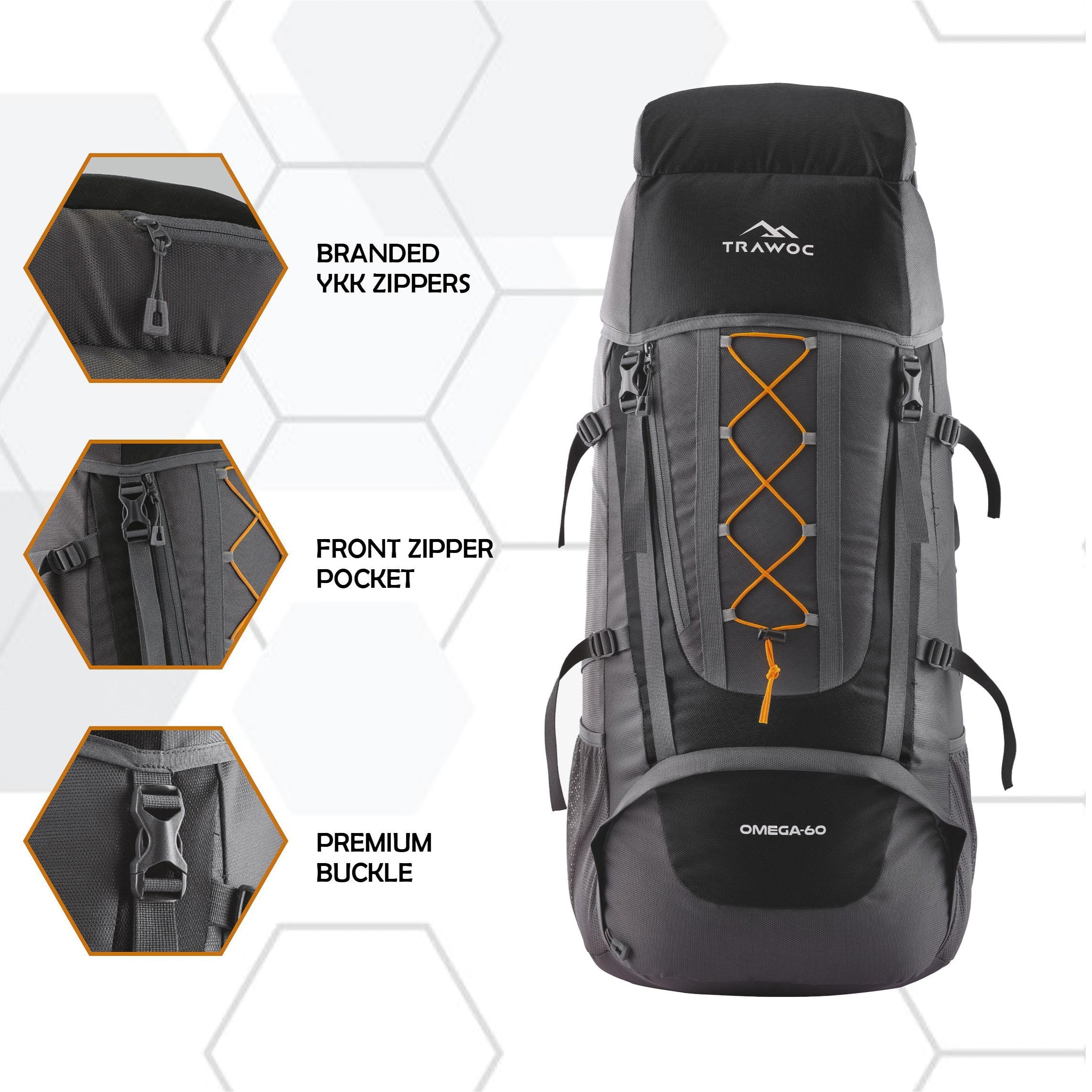 Omega 60 L Backpack with Lightweight Build & with Ergonomic Shoulder Strap - Black