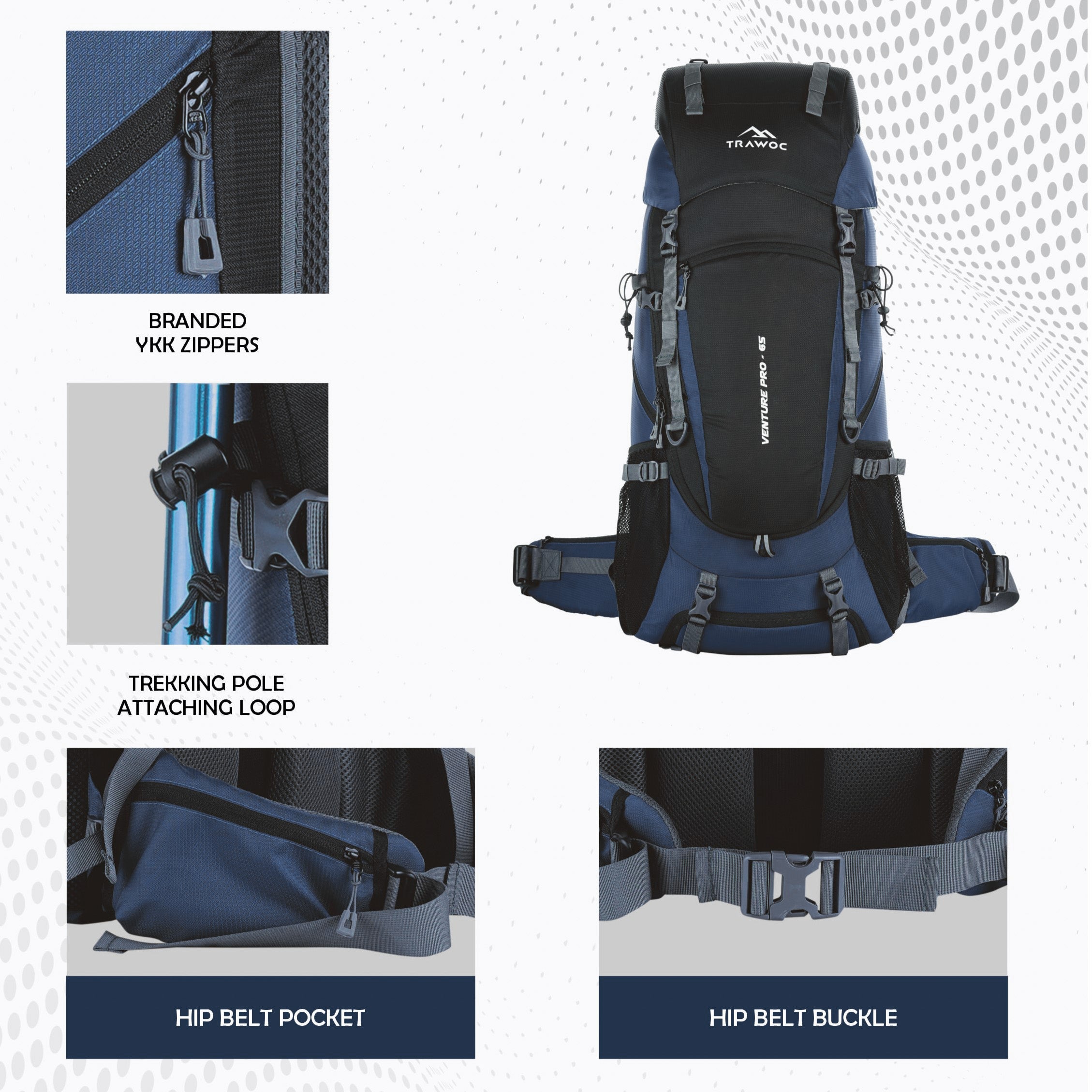 Venture Pro 65 L Travel Backpack with Rain Cover & with Laptop Compartment - Navy Blue