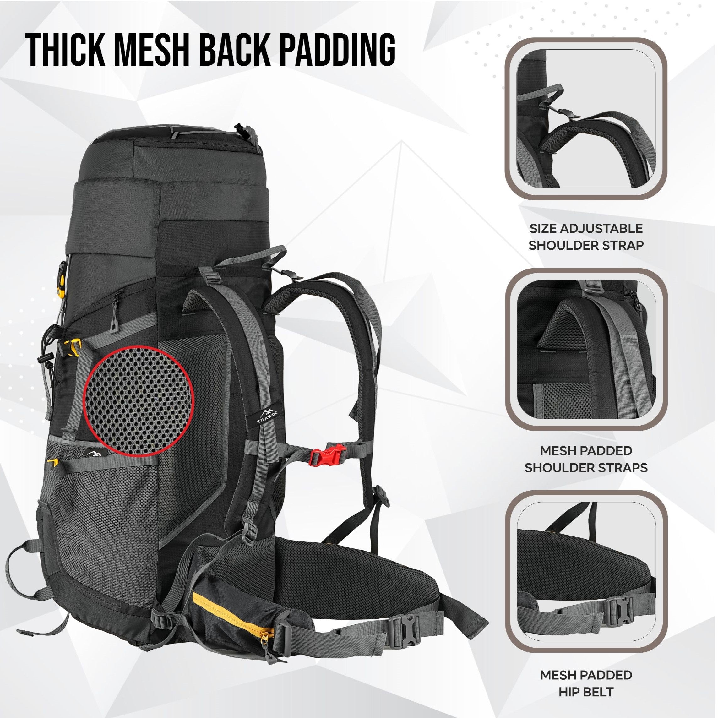 Aerostrike 70L Trekking Bag with Laptop Compartment & Rain Cover, ideal for Hiking - Black