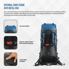 Skyranger 70 L Rucksack for Hiking & Travel with Ergonomic Shoulder Straps & Internal metal frame-English Blue