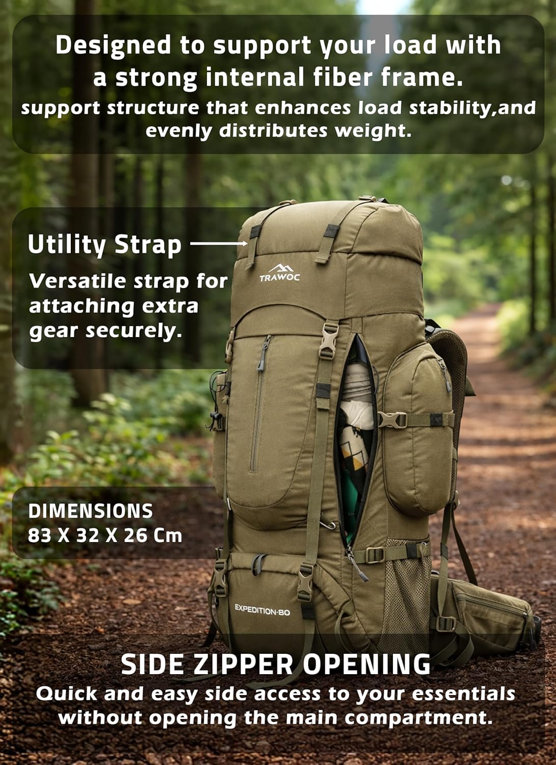 EXPEDITION 80L Rucksack with shoe compartment & Rain Cover - Olive Green