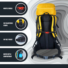 Aerofit 60L Rucksack with Multi-Pocket Design &  Laptop Compartment, ideal for Hiking - Yellow