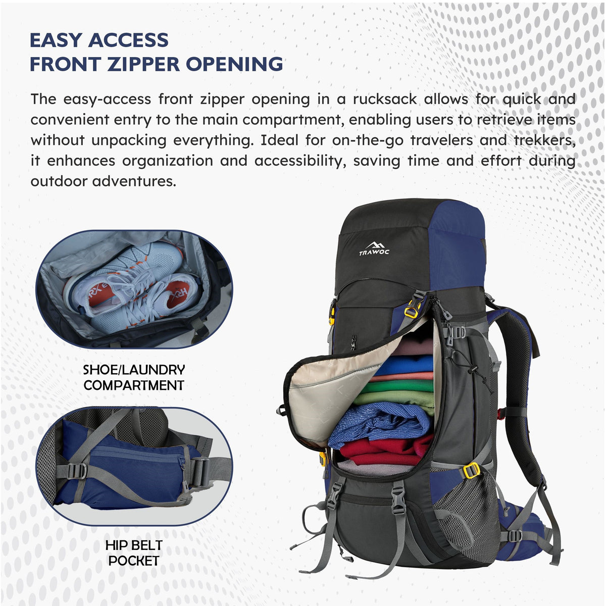 Terrabound 60 L Rucksack featuring Shoe Compartment & Durable Zippers - Navy Blue