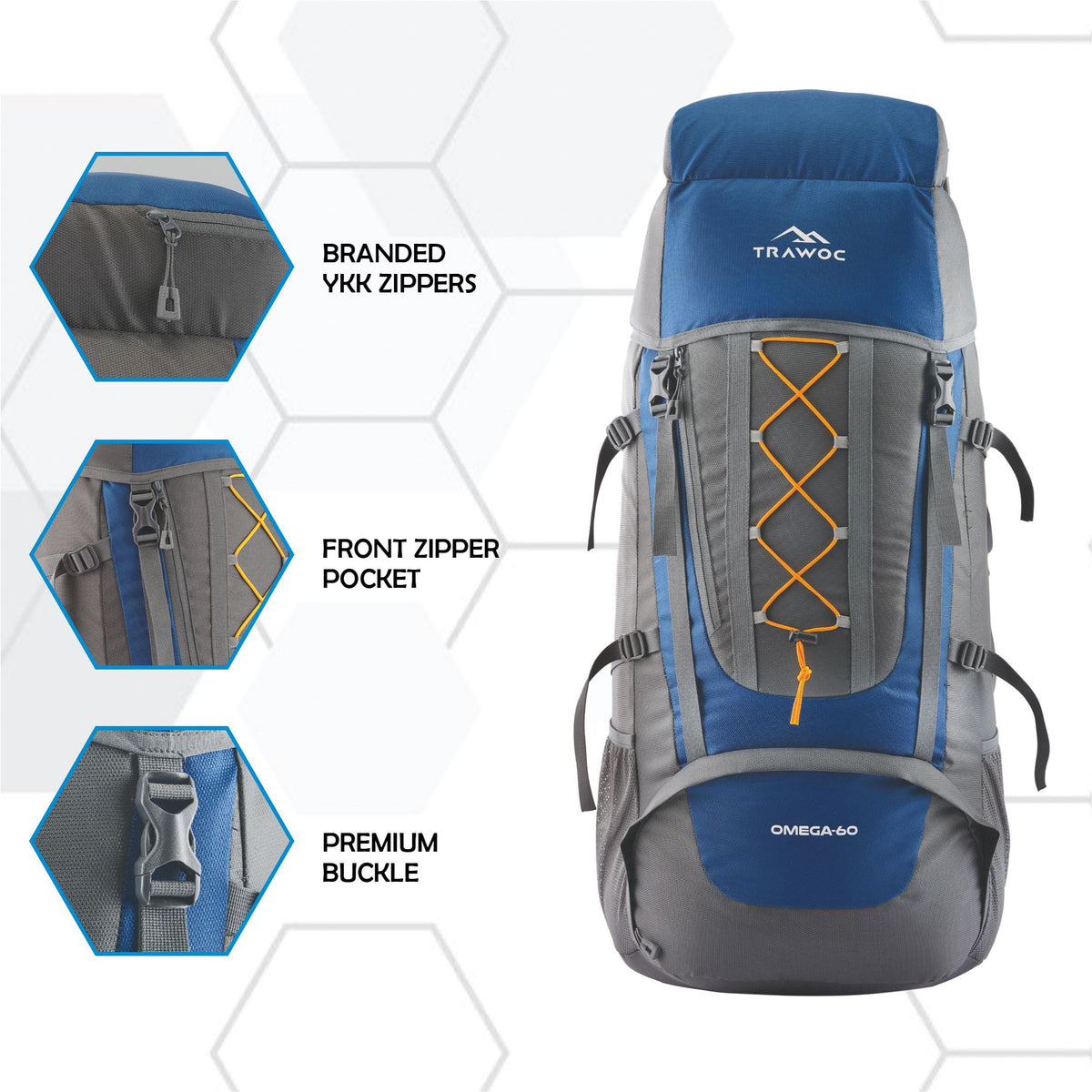 Omega 60 L Backpack with Lightweight Build & with Ergonomic Shoulder Strap - Blue