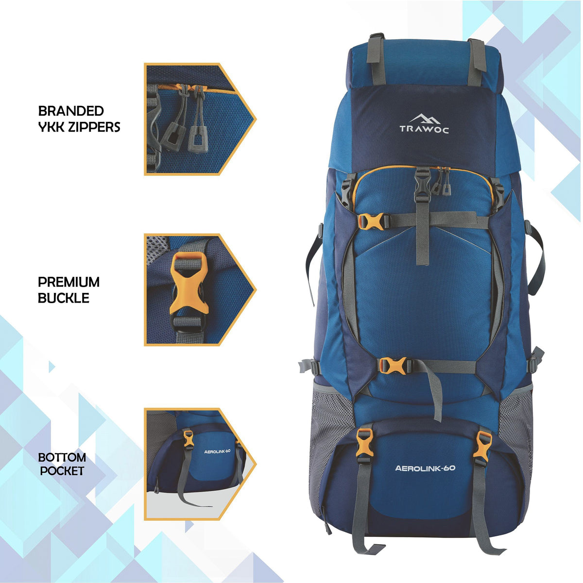 Aerolink 60 L Backpack with Lightweight Build & Water-Resistant Fabric - Blue