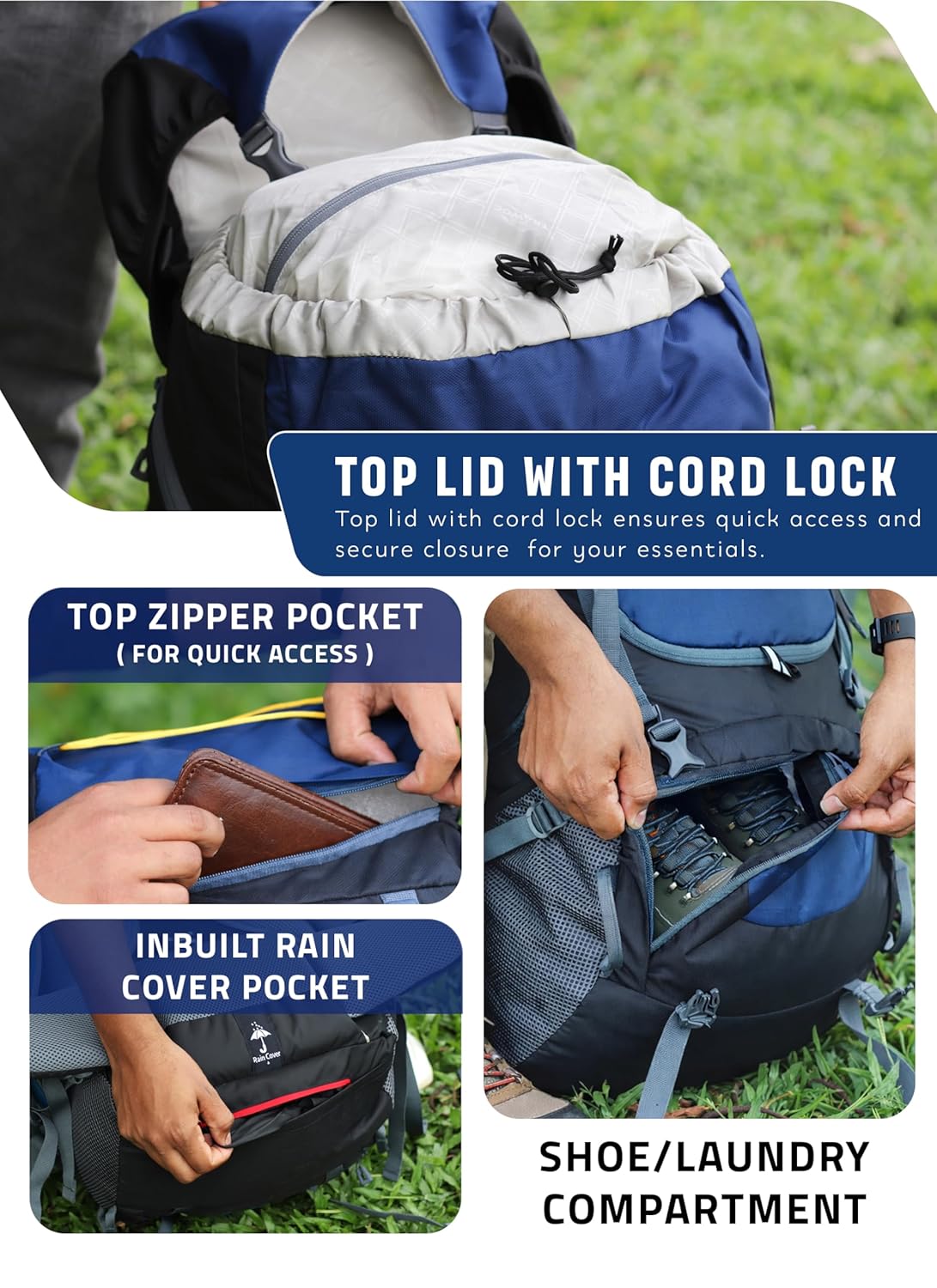 Valor Max 75 L Backpack with Ergonomic Shoulder Straps & Shoe Compartment - Navy Blue