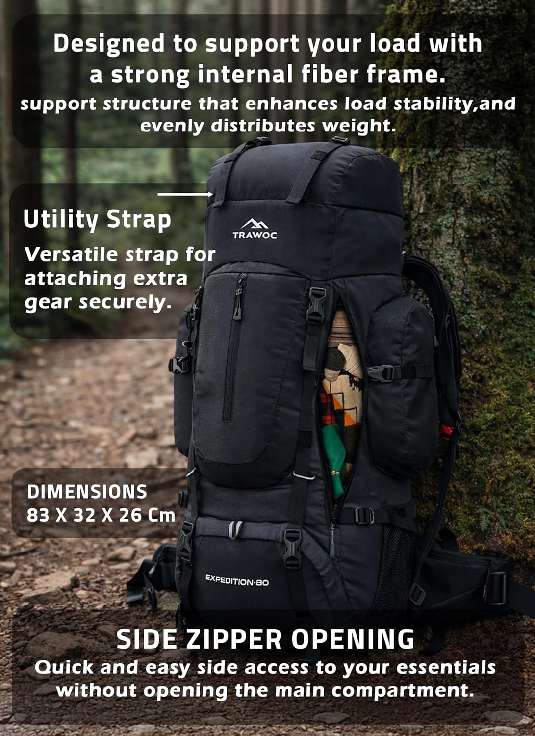 EXPEDITION 80L Rucksack with shoe compartment & Rain Cover - Black
