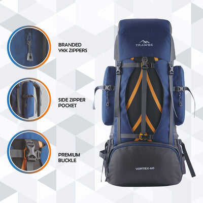 Vortex 60 L Travel Backpack with Laptop Compartment & Durable Zippers - Navy Blue