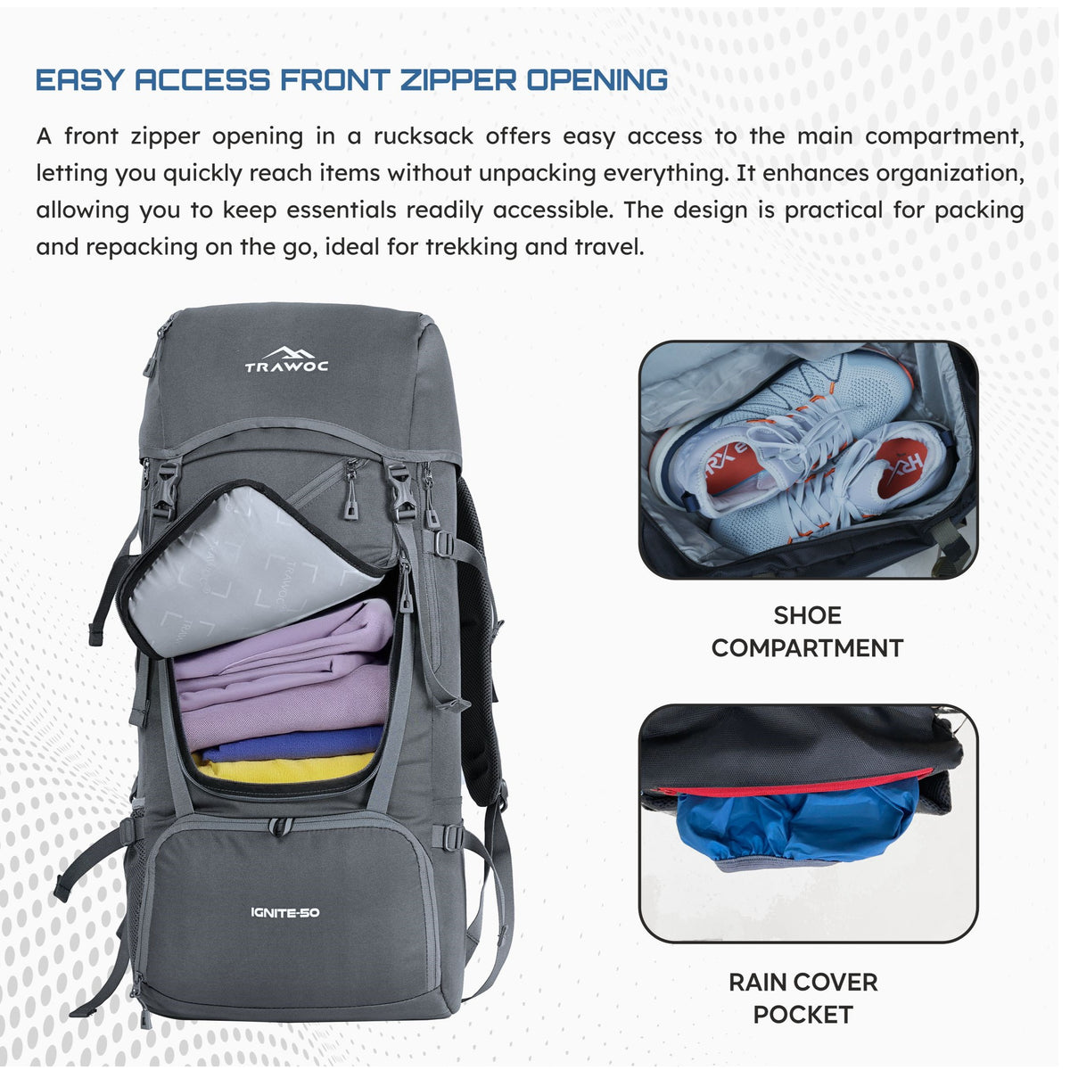 IGNITE 50 L travel Bag Front & Top Open Backpack with Rain Cover and Shoe Compartments - Grey