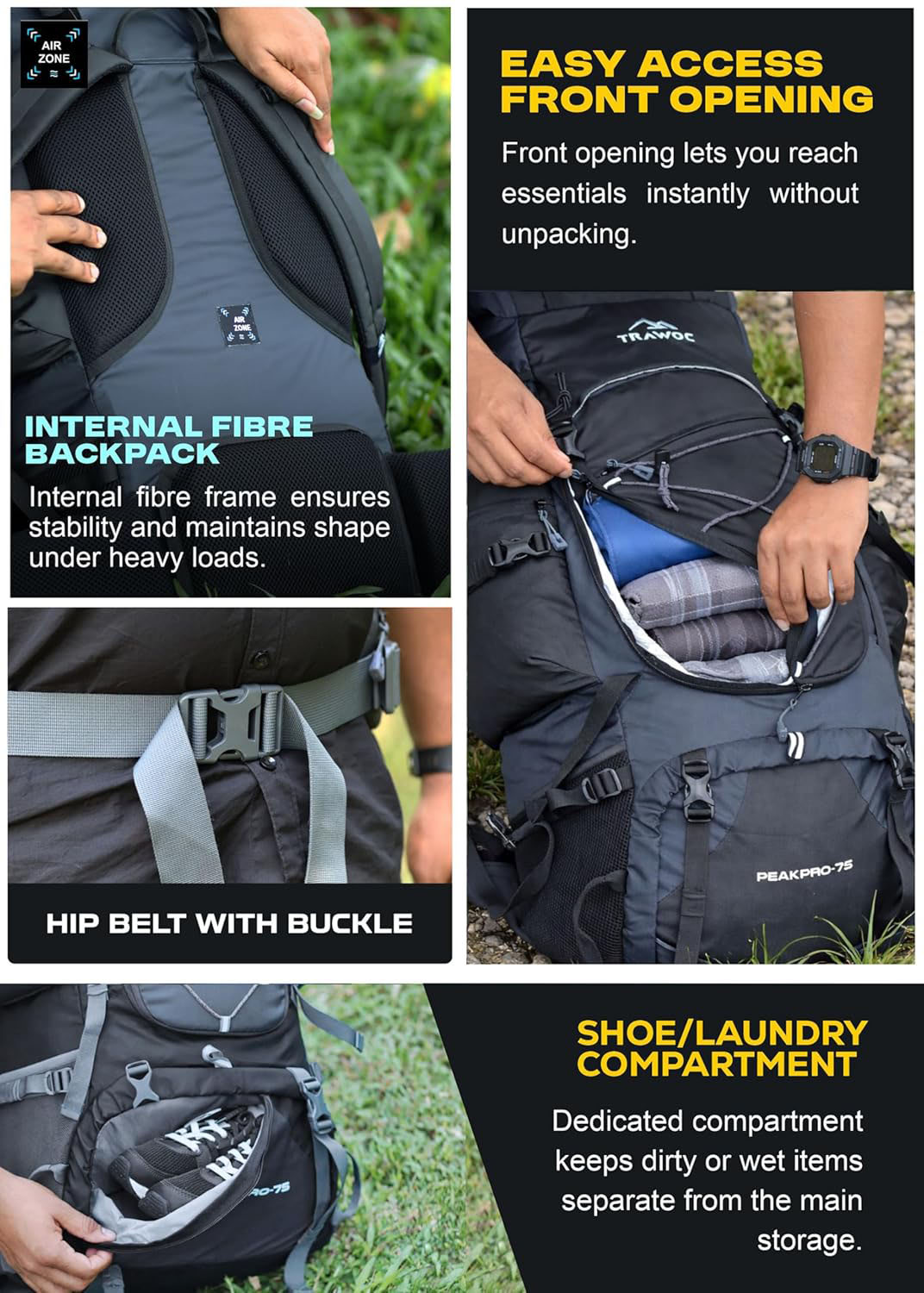 Peakpro 75 L Backpack featuring with Laptop Compartment & with Shoe Compartment – Grey