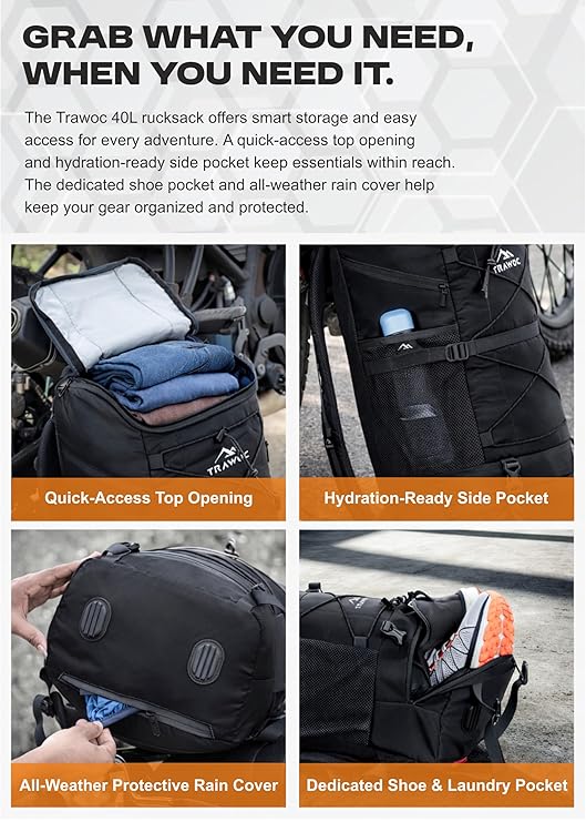 STEALTH 40L Backpack for Men and Women,with Rain Cover & Shoe Compartment - Black