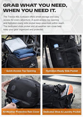 STEALTH 40L Backpack for Men and Women,with Rain Cover & Shoe Compartment - Black