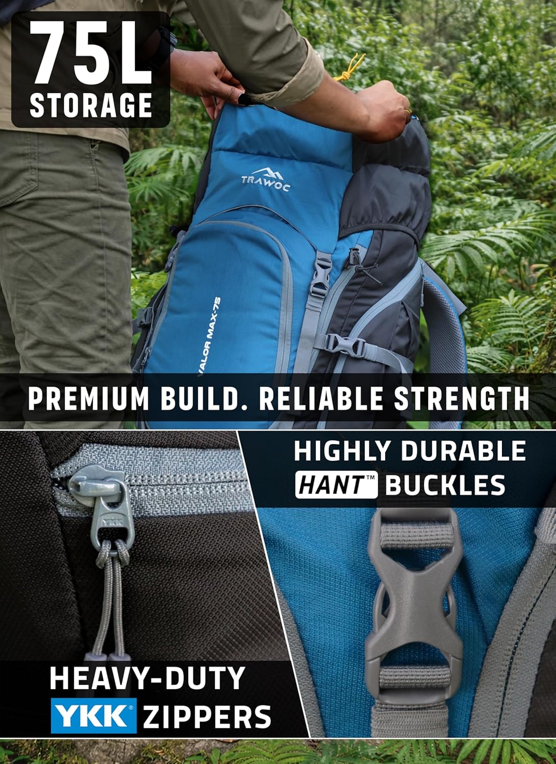 Valor Max 75 L Backpack with Ergonomic Shoulder Straps & Shoe Compartment-English Blue