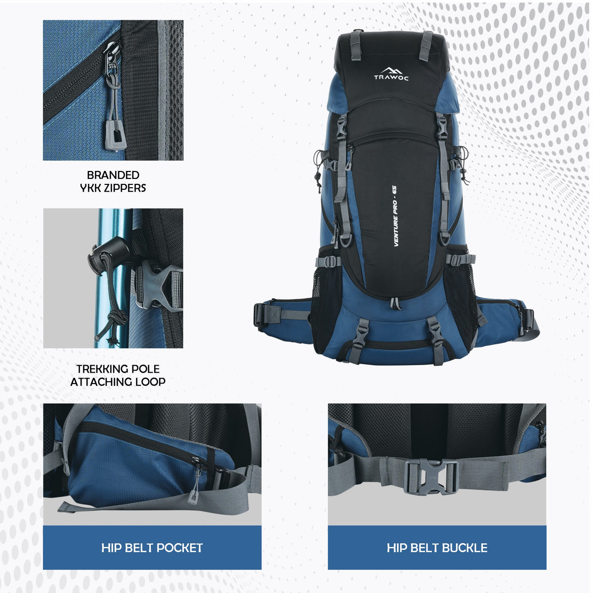 Venture Pro 65 L Travel Backpack with Rain Cover & with Laptop Compartment - English Blue
