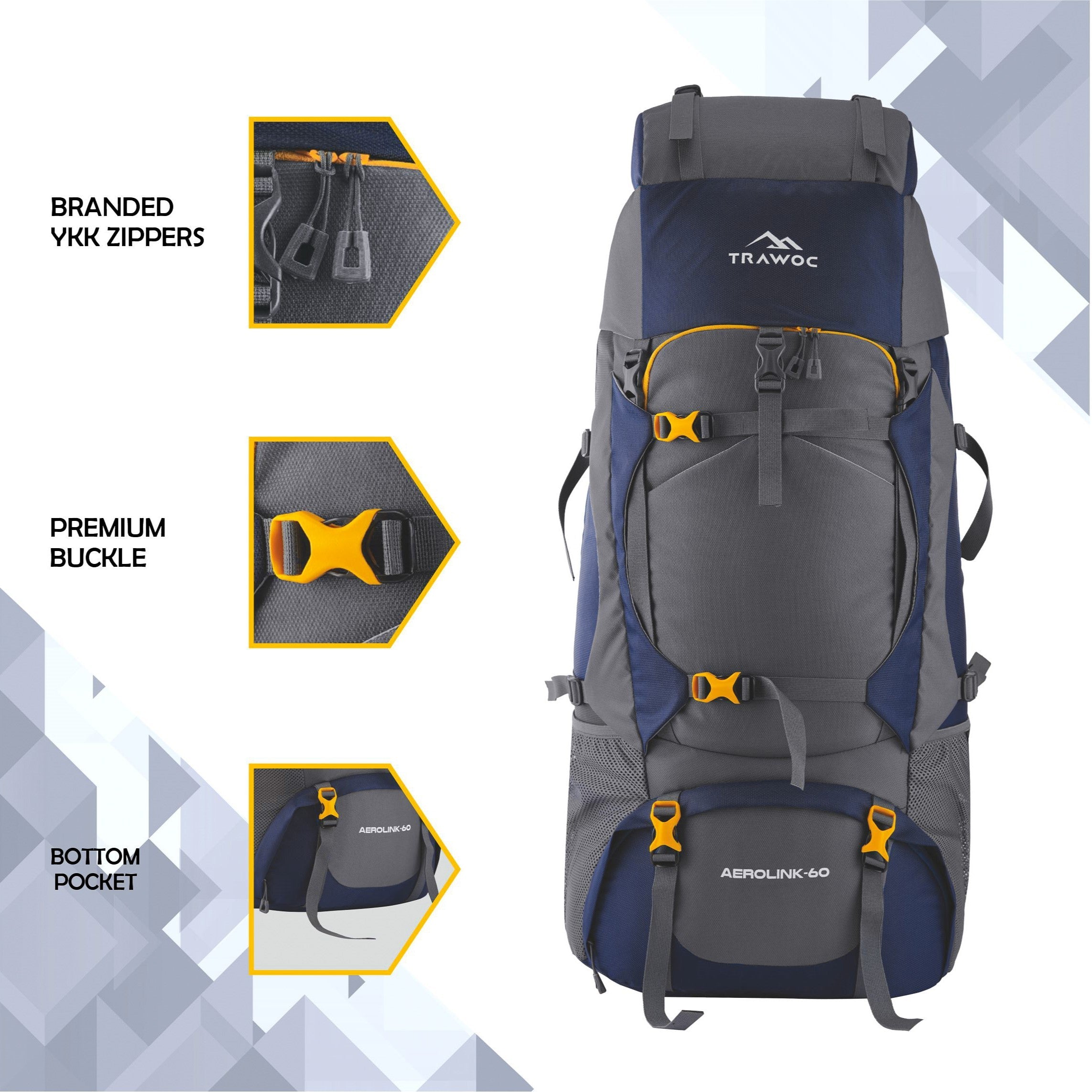 Aerolink 60 L Backpack with Lightweight Build & Water-Resistant Fabric - Grey
