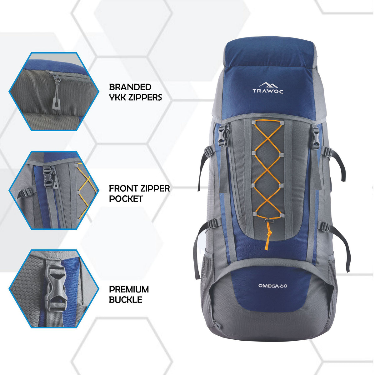 Omega 60 L Backpack with Lightweight Build & with Ergonomic Shoulder Straps- Navyblue