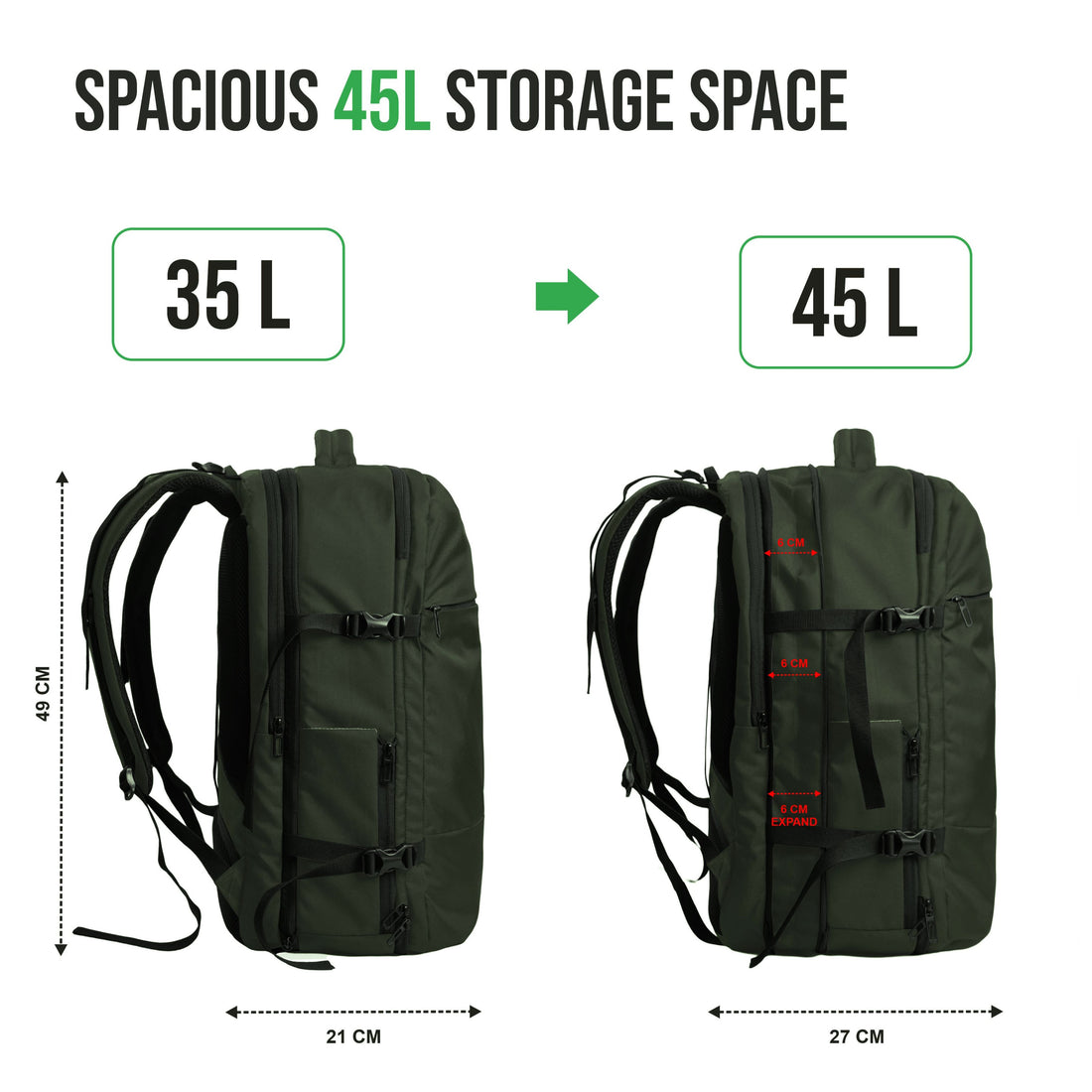 TPB01- 45L Laptop Bag  with Anti-Theft Lock, Expandable Storage, USB Charging, Suitcase-Style Opening - Huntre green
