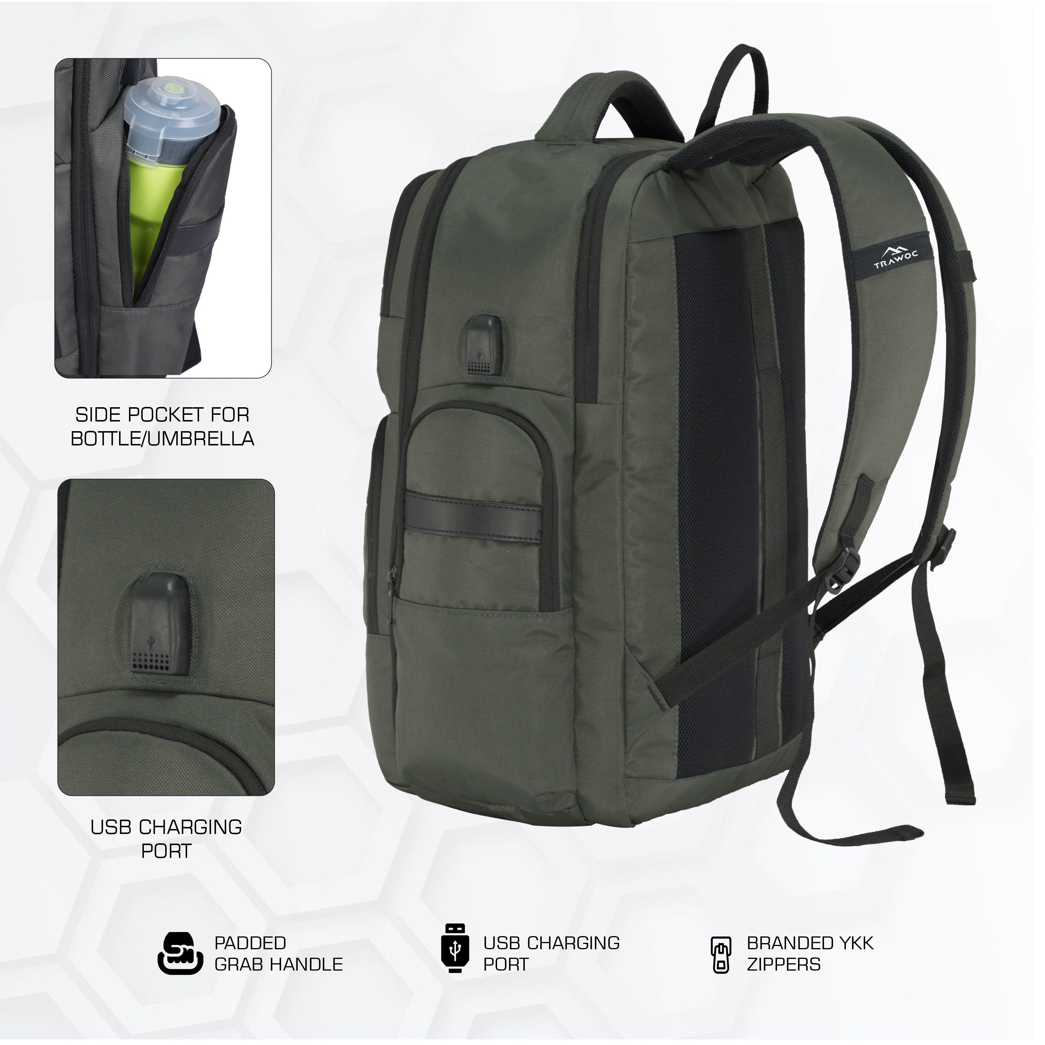 backpack with side laptop compartment TPB03 35L Laptop Backpack-Uniform green |Water Resistant, Spacious Design, Padded Laptop Compartment