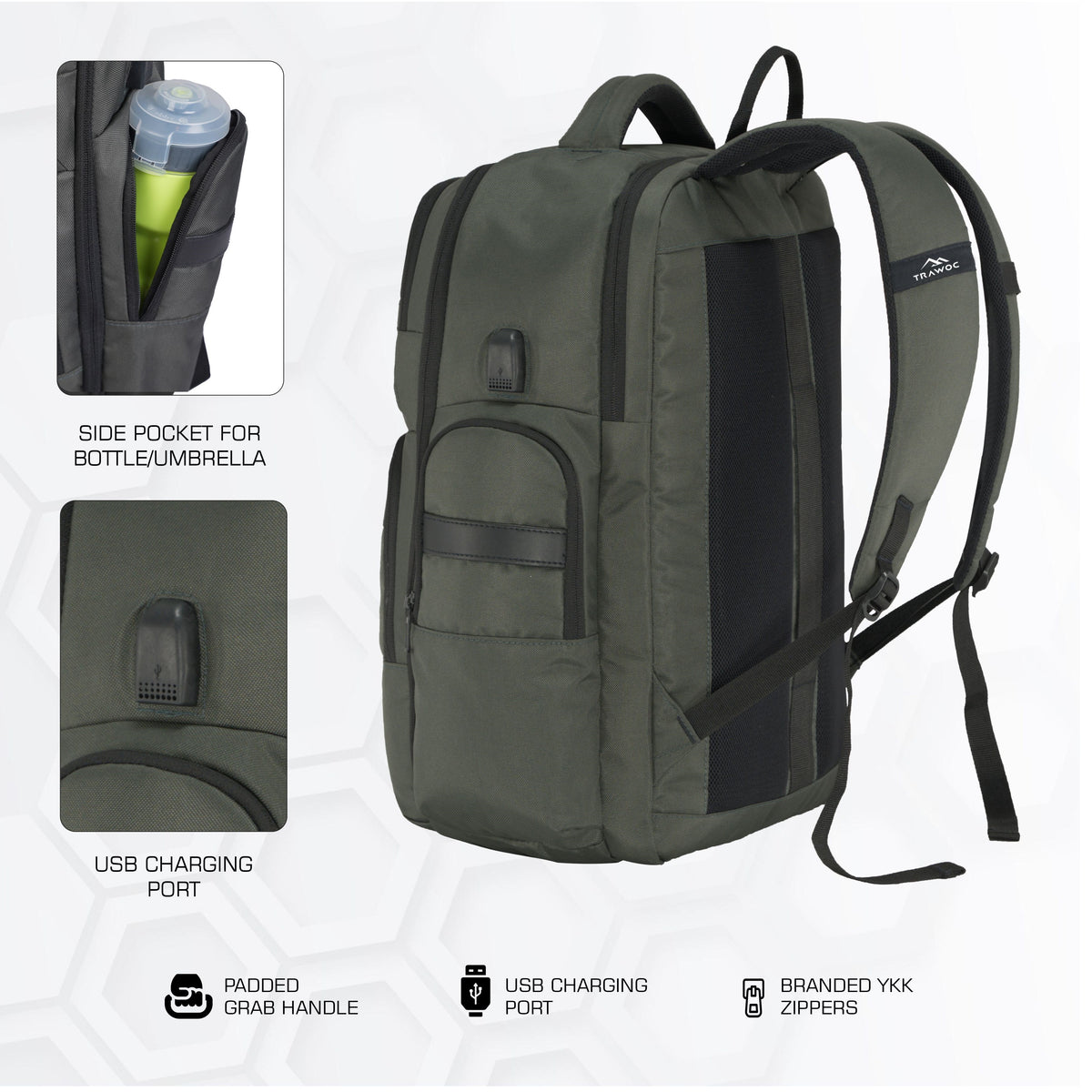 TPB03 - 30L  office & Travel Bag with 16-Inch Laptop Compartment, Suitcase-Style Opening, USB Charging - Uniformgreen