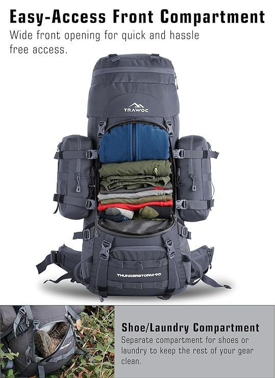 Thunderstorm 90L Rucksack for Men & Women with Shoe Compartment & Water-Resistant Fabric - Grey