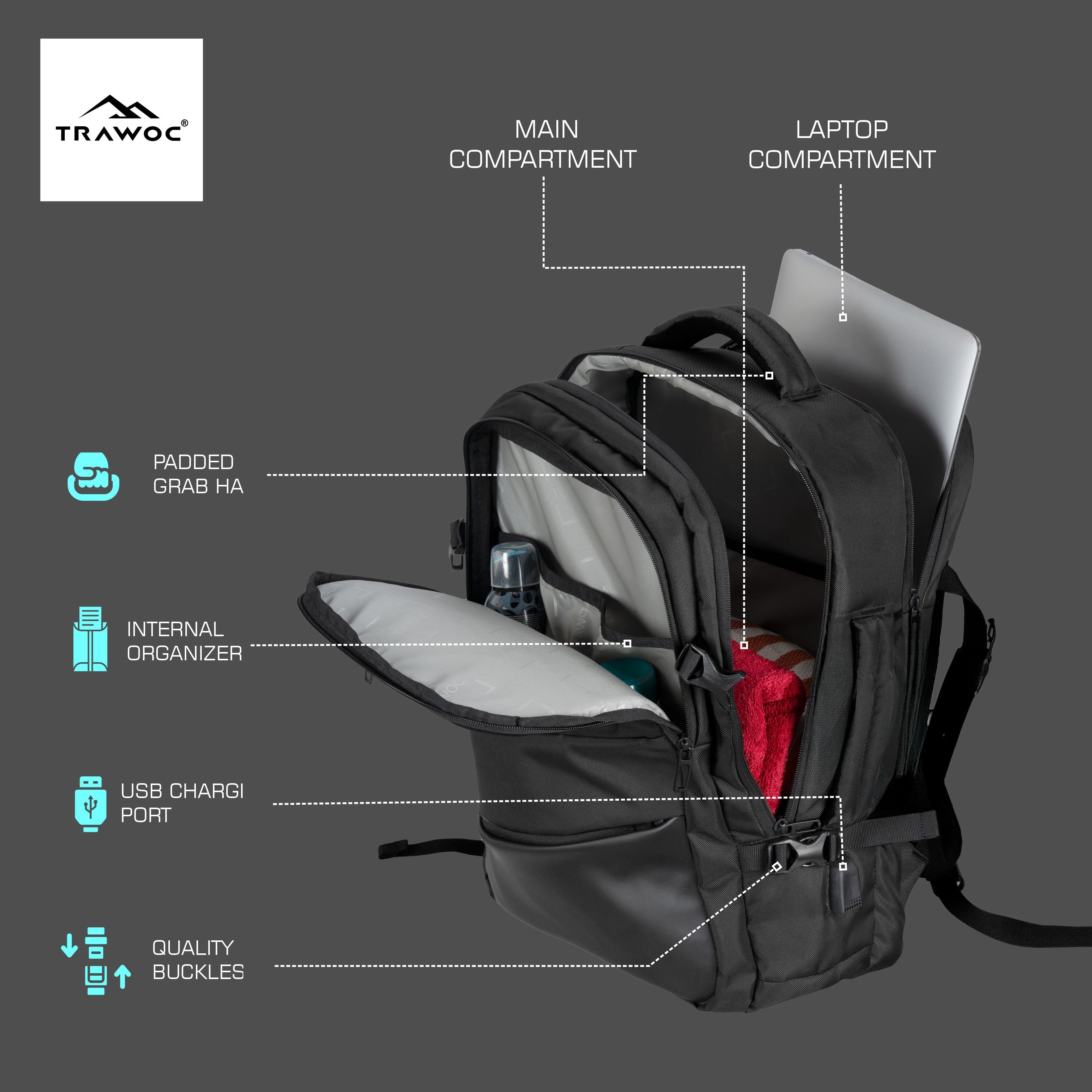 TPB02 - 25L Laptop Backpack with USB Charging Port for Men & Women - Black