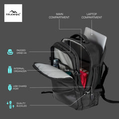 TPB02 - 25L Laptop Backpack with USB Charging Port for Men & Women - Black
