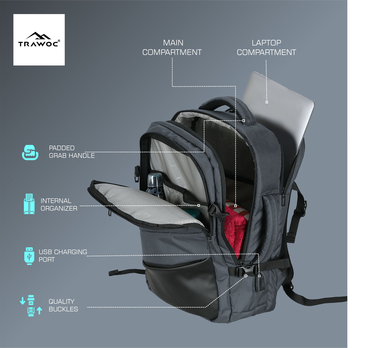 TPB02 - 25L Laptop Backpack with USB Charging Port for Men & Women - Grey