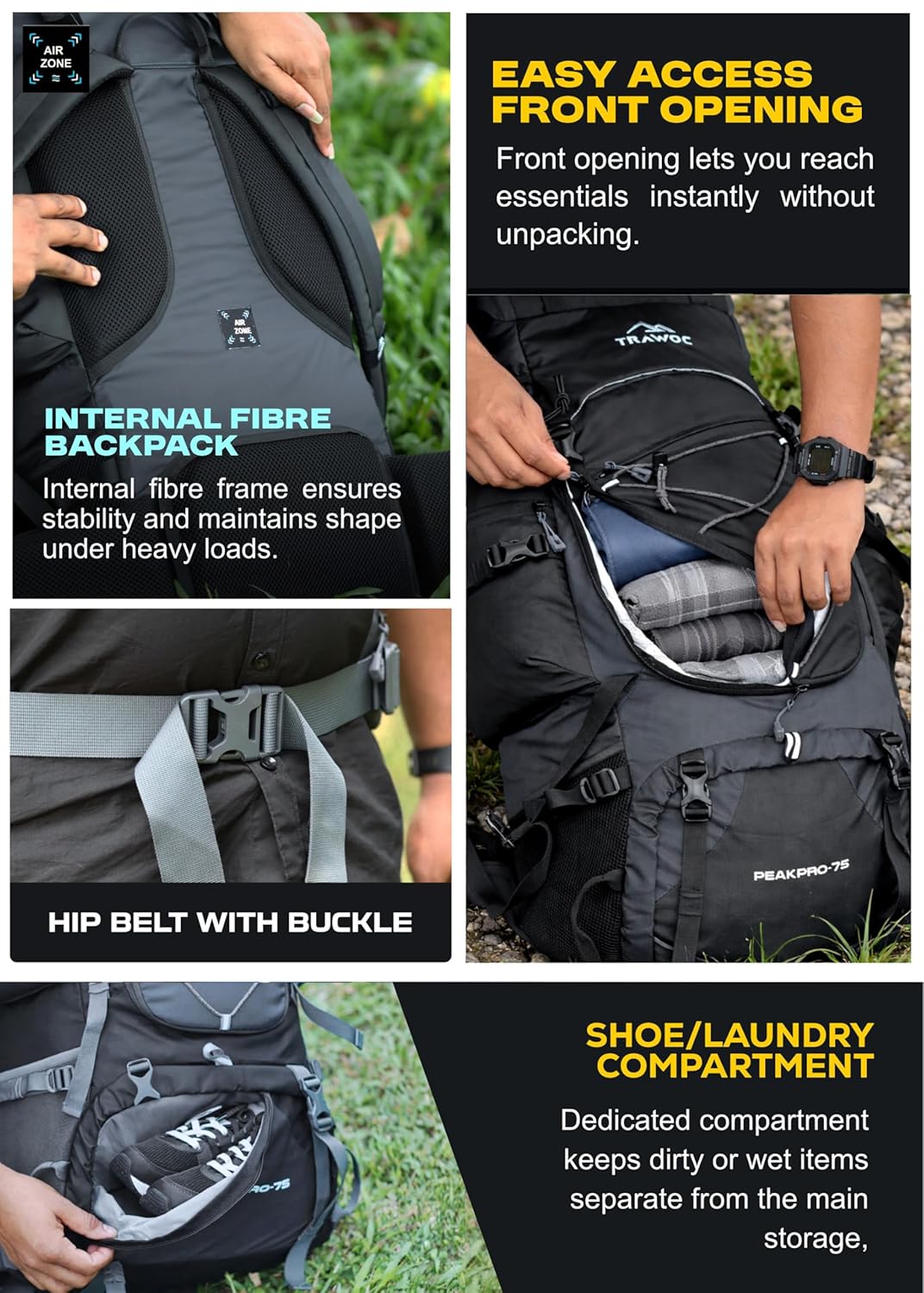 Peakpro 75 L Backpack featuring Laptop Compartment & with Shoe Compartment - Black