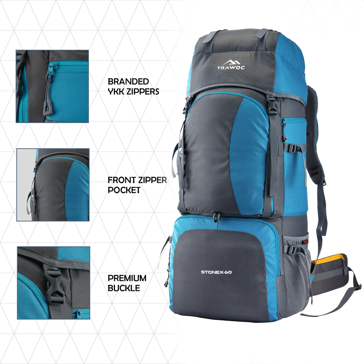 Stonex 60 L Backpack with Ergonomic Shoulder Straps & Lightweight Build, for men & women - Sky Blue