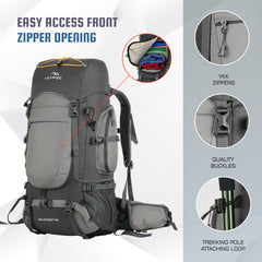 WILDQUEST 50L Travel Backpack  with Laptop Compartment, Rain Cover, Shoe Compartment-grey