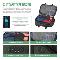 TPB01- 45L Laptop Bag  with Anti-Theft Lock, Expandable Storage, USB Charging, Suitcase-Style Opening - Uniform green