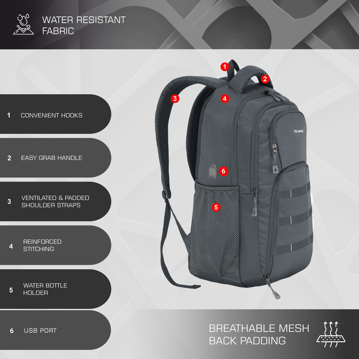 TPB05 - 35L Office & Travel Bag with 16-Inch Padded Laptop Compartment, USB Charging Port - Grey