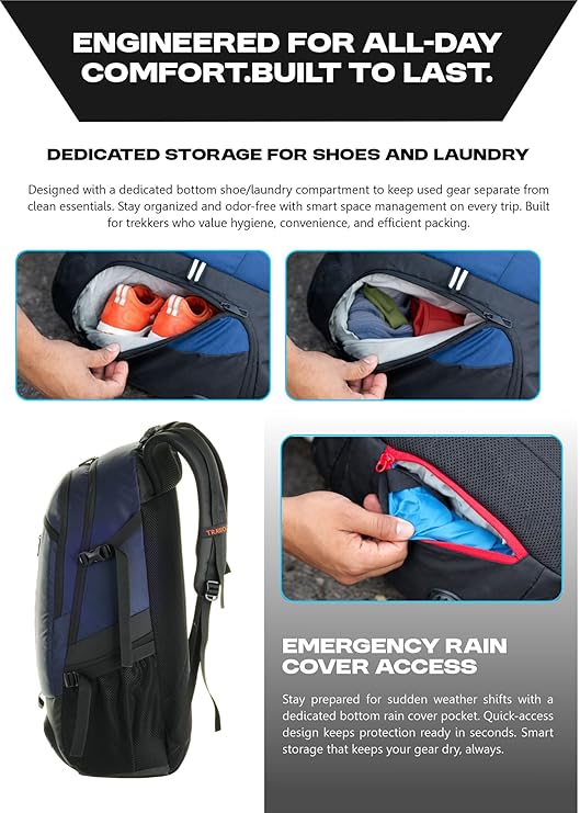 FALCON 40 l Travel Laptop Backpack for Men and Women with Rain Cover - Navy Blue