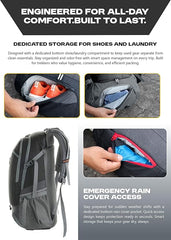 FALCON 40 l Travel Laptop Backpack for Men and Women with Rain Cover -Black