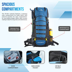 Skyranger 70 L Rucksack for Hiking & Travel with Ergonomic Shoulder Straps & Internal metal frame-English Blue