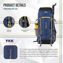 TREKELITE 60L  Backpack Hiking Trekking  Rucksack  with Water Proof Rain Cover - Navyblue