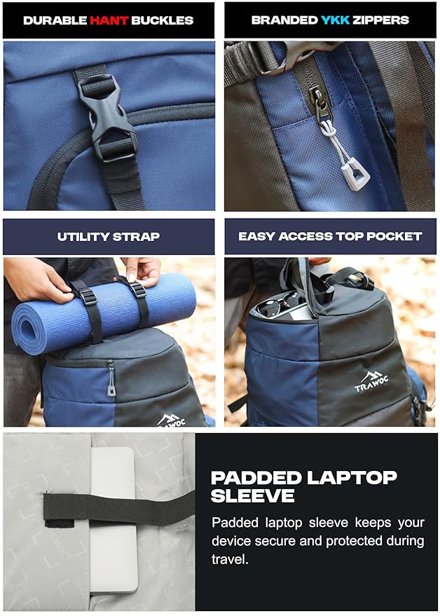 Wayfarer 80L Travel Backpack with Water-Resistant Fabric & Laptop Compartment - Navy Blue