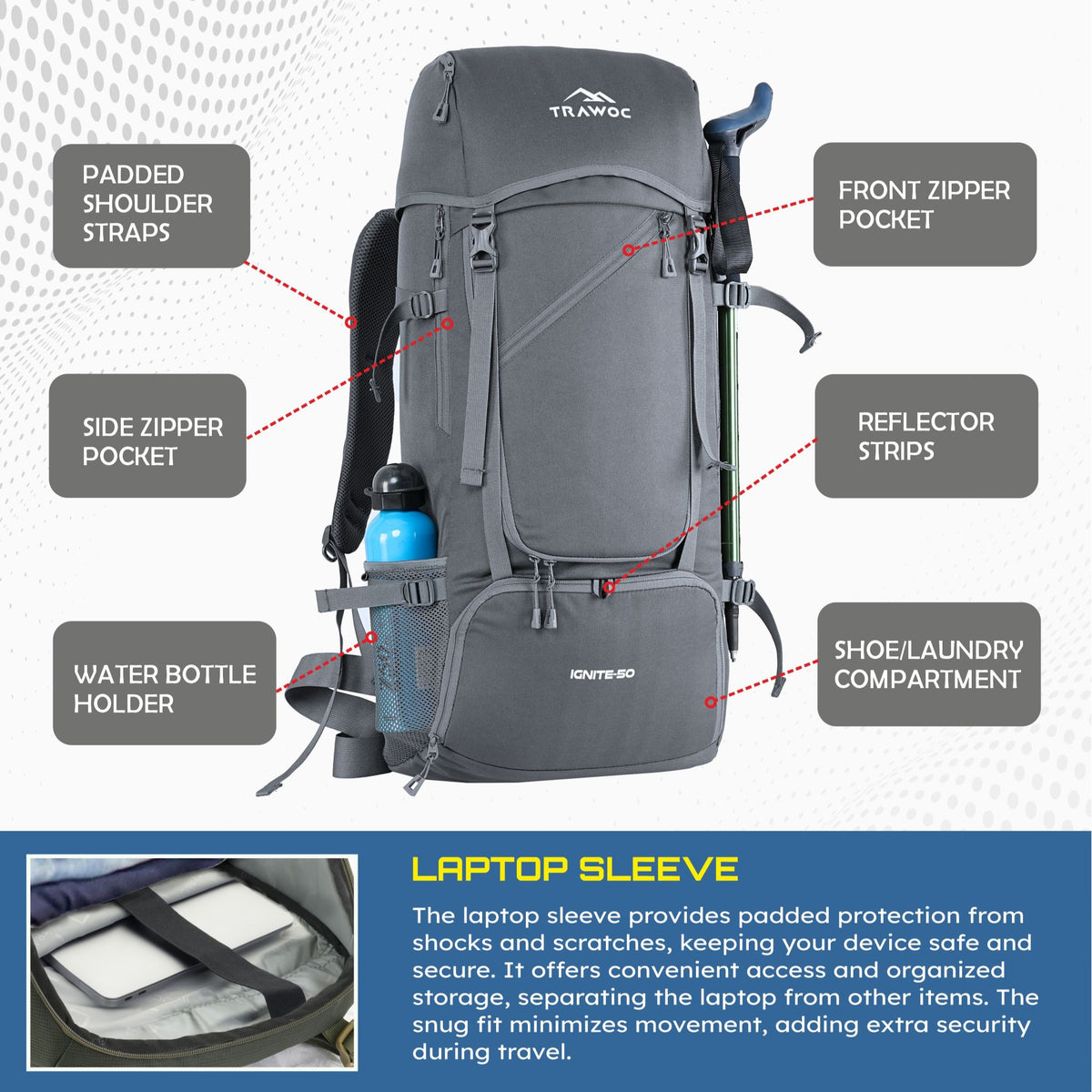 IGNITE 50 L travel Bag Front & Top Open Backpack with Rain Cover and Shoe Compartments - Grey