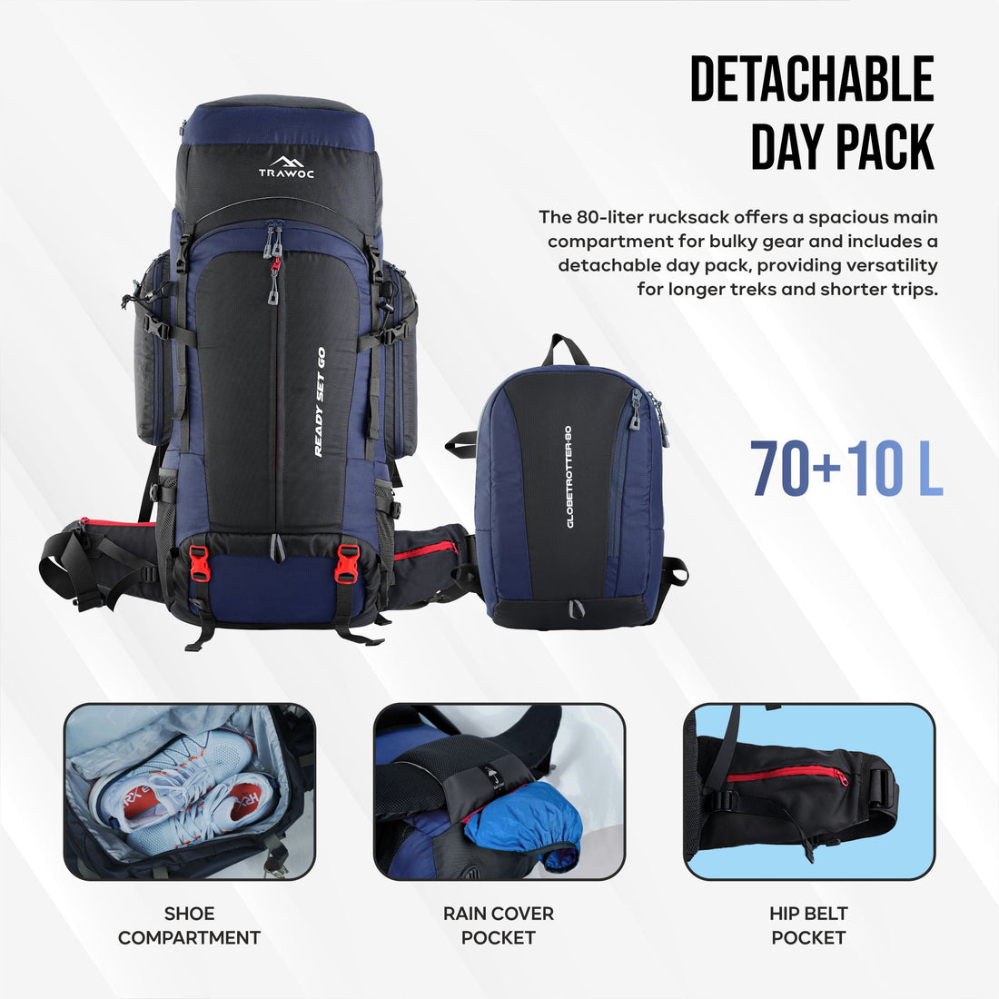 Globetrotter 80 L Trekking Bag with Rain Cover, Shoe section – TRAWOC