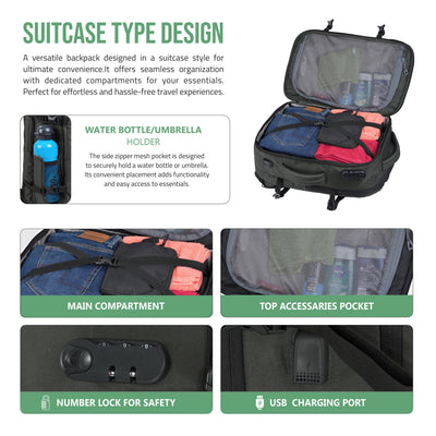 TPB01- 45L Laptop Bag  with Anti-Theft Lock, Expandable Storage, USB Charging, Suitcase-Style Opening - Grey