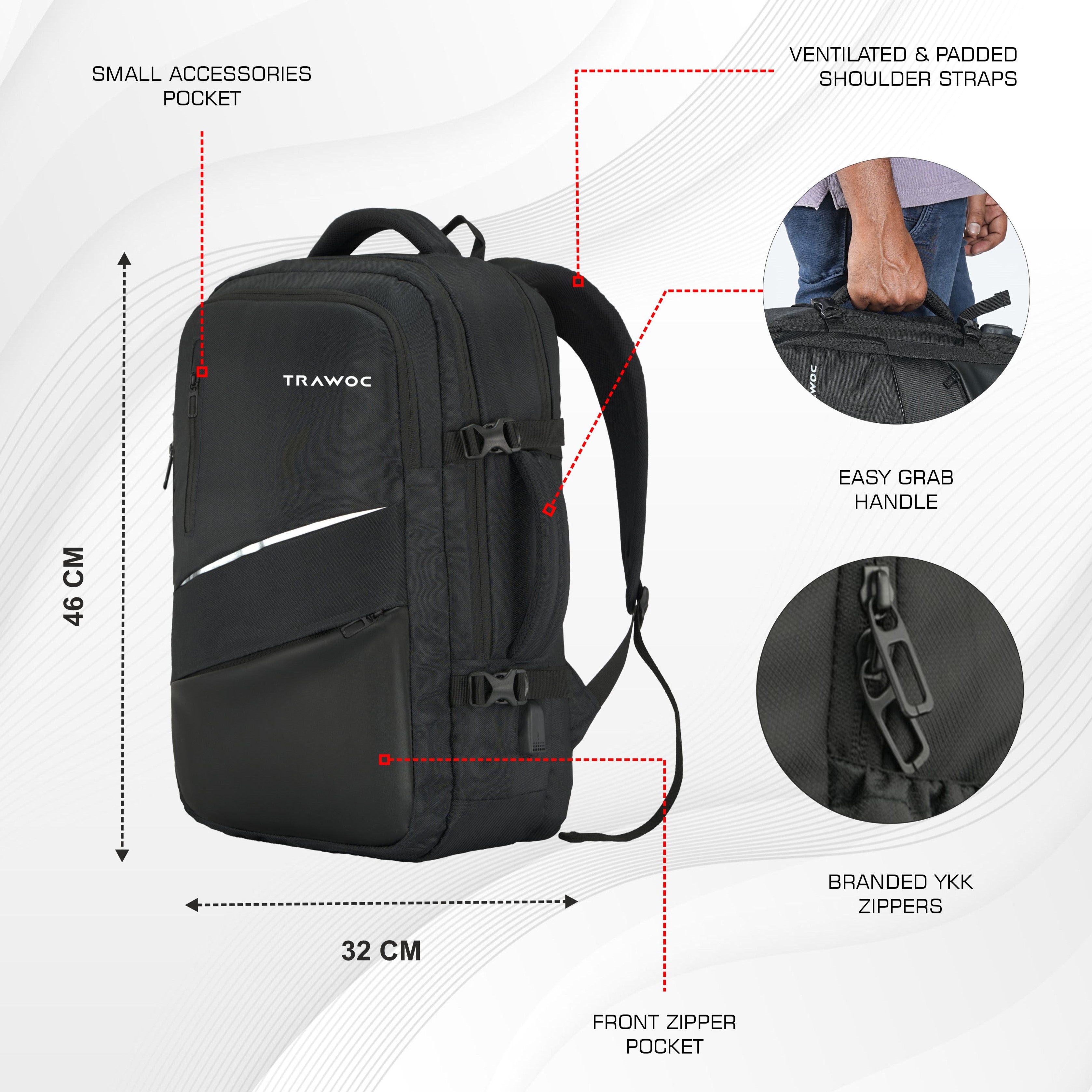 TPB02 - 25L Laptop Backpack with USB Charging Port for Men & Women - Black
