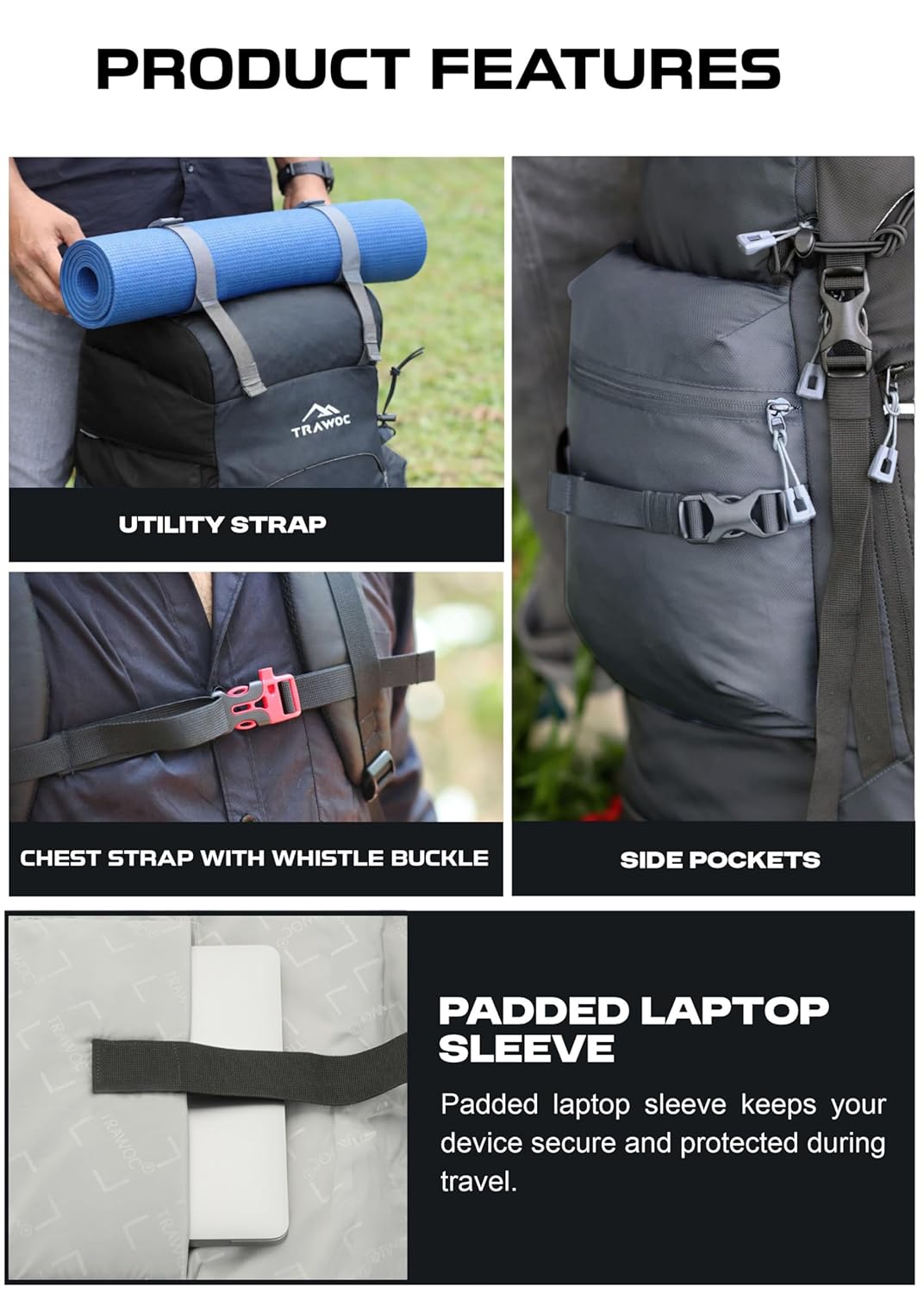 best backpack laptop chest strap waist strap hiking travel Trawoc Camping (75Ltr) | With Shoe Compartment & Rain Cover and load adjuster straps BGB How to Fish for Color:Black/Saddle Brown