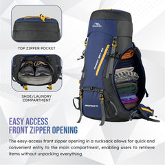 Aerostrike 70L Trekking Bag with Laptop Compartment & Rain Cover, ideal for Hiking - Navy Blue