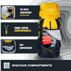 Aerofit 60L Rucksack with Multi-Pocket Design &  Laptop Compartment, ideal for Hiking - Yellow