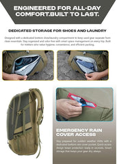 FALCON 40 l Travel Laptop Backpack for Men and Women with Rain Cover -Olivegreen